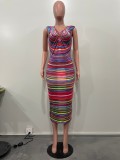 Printed Sleeveless Shoulder Pad Dress