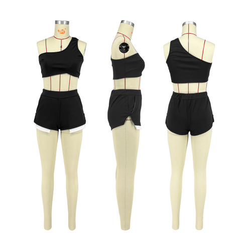 Solid color one shoulder sexy casual sports shorts set
