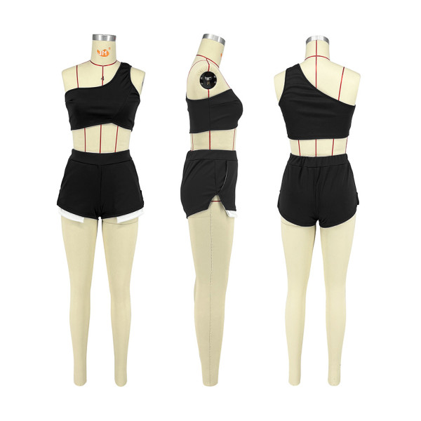 Solid color one shoulder sexy casual sports shorts set
