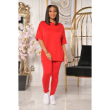 Slim Fit Pants Short Sleeve Sport Solid Color Set