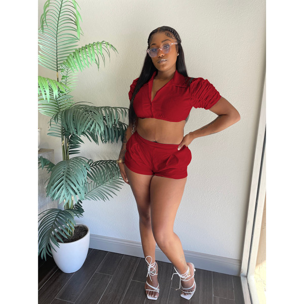 Fashion casual urban style solid color pile up sleeve shirt and shorts set