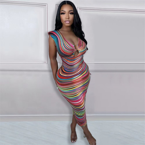 Printed Sleeveless Shoulder Pad Dress
