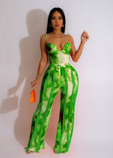 Women's suit printed tassel lace suspender jumpsuit two-piece set with micro flares