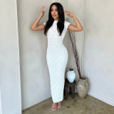 Solid casual short sleeved round neck perspective slim fitting long dress