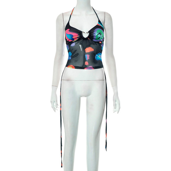 Sexy Mesh Perspective Printing Pleated Sleeveless Neck Strap Top