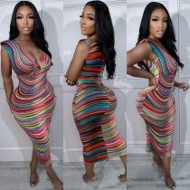 Printed Sleeveless Shoulder Pad Dress