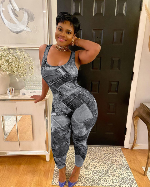 Fashionable imitation denim print sexy slim fitting suspender jumpsuit