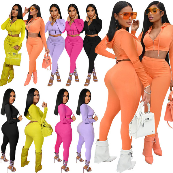 Women's Zipper Hooded Fashion Casual Solid Sport Two Piece Set