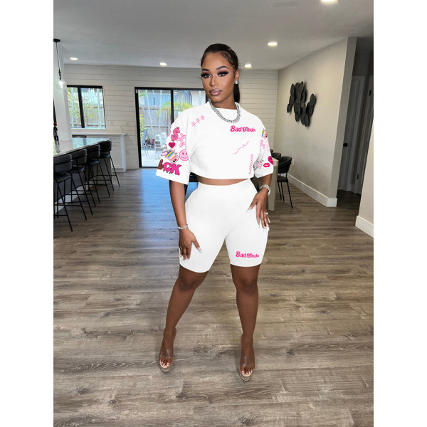 Fashion printed round neck short sleeved shorts set