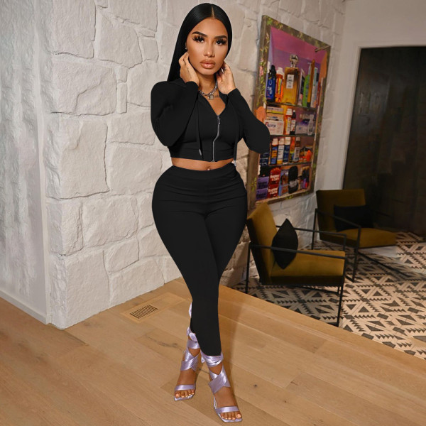 Women's Zipper Hooded Fashion Casual Solid Sport Two Piece Set
