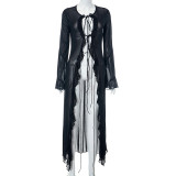 Solid Color Sexy Strap Mesh Perspective Umbilical Long Sleeve Long Dress