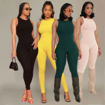 Women's Solid Rib High Elastic Sleeveless Jumpsuit Sexy Round Neck Women's Solid Rib High Elastic Sleeveless Jumpsuit Sexy Round Neck