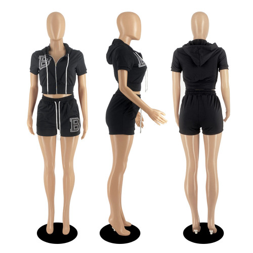 Zipper cardigan B letter embroidered short top hooded two-piece set