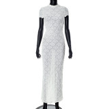 Solid casual short sleeved round neck perspective slim fitting long dress