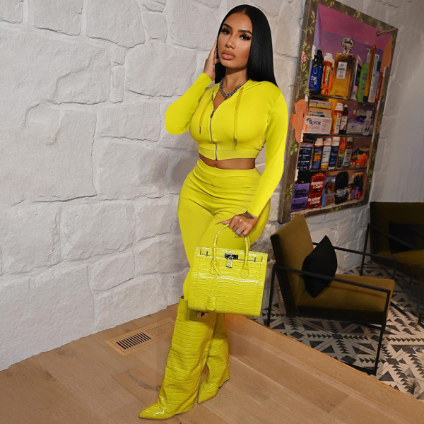 Women's Zipper Hooded Fashion Casual Solid Sport Two Piece Set