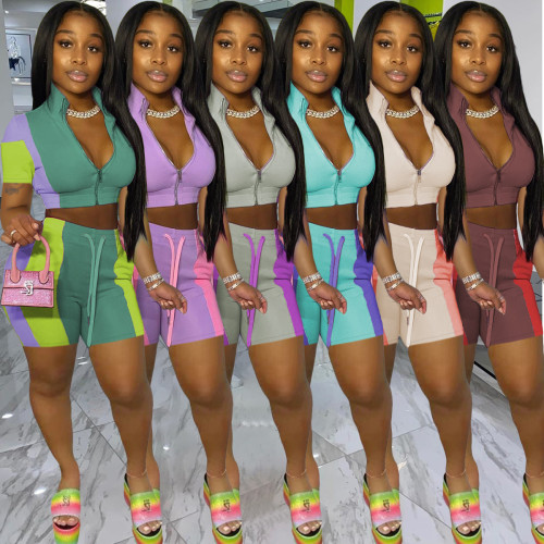 Fashion women's patchwork multi-color sports casual shorts two-piece set