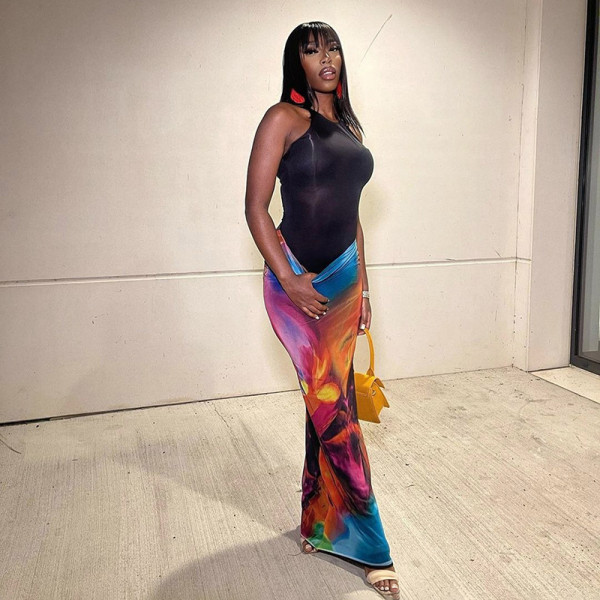 Leisure Colored Print Open Umbilical Slim Fit Wrap Hip Length Half length Skirt