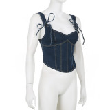 Sexy Low Neck Strap Wrapped Waist Shows Slim Spicy Girl Denim Tank Top