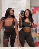 Sexy Women's Perspective Mesh Tank Top Short Two Piece Set