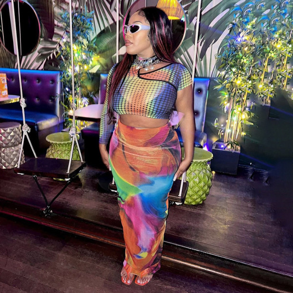 Leisure Colored Print Open Umbilical Slim Fit Wrap Hip Length Half length Skirt