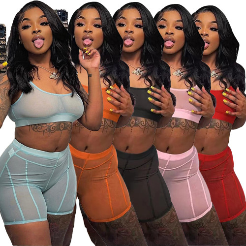 Sexy Women's Perspective Mesh Tank Top Short Two Piece Set