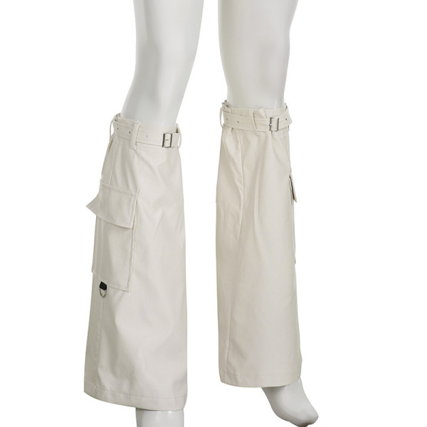 Solid color PU pocket with adjustable elastic micro flared casual leggings