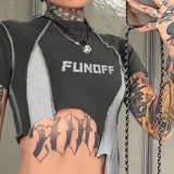 Sporty Style Letter Contrast Color Personalized Reverse Line Irregular Hem Slim Fit Short Sleeve T-shirt