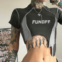 Sporty Style Letter Contrast Color Personalized Reverse Line Irregular Hem Slim Fit Short Sleeve T-shirt Sporty Style Letter Contrast Color Personalized Reverse Line Irregular Hem Slim Fit Short Sleeve T-shirt