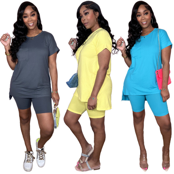 Solid Split Pocket Casual Two Piece Set