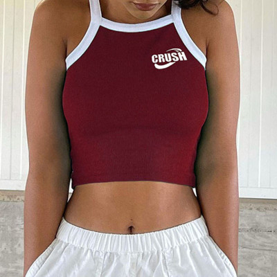 Slim Fit Short Sexy Spicy Girl Contrast Small Letter Printed Strap Tank Top