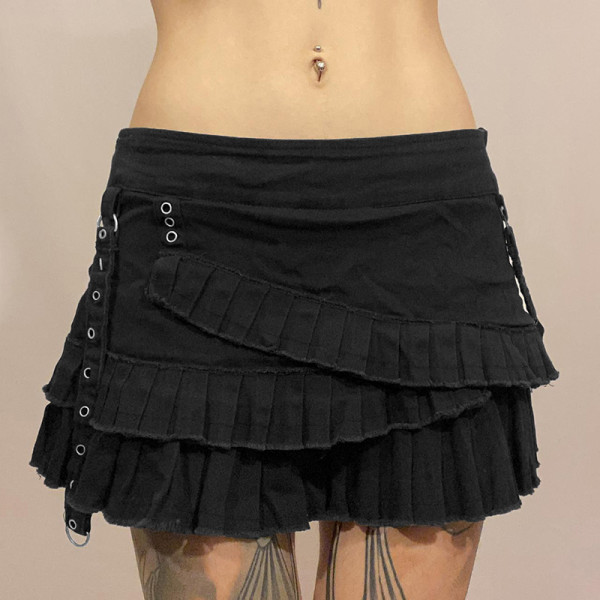Asymmetric pleated stitching high waisted A-line denim skirt short style