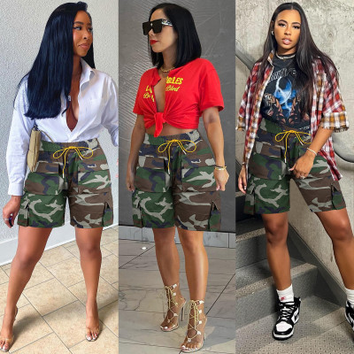 Camouflage denim multi pocket cargo pants casual pants