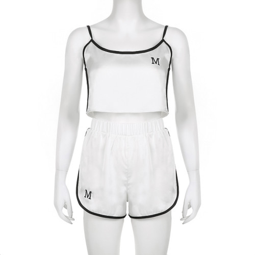 Casual home satin black edge contrast loose short suspender shorts set