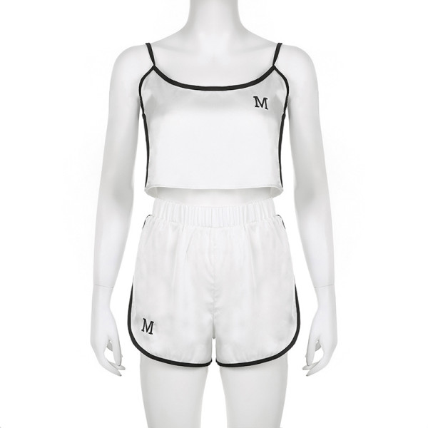 Casual home satin black edge contrast loose short suspender shorts set