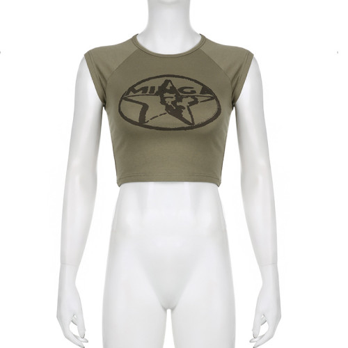 Star print contrasting color basic slim fitting camisole with exposed navel short T-shirt top