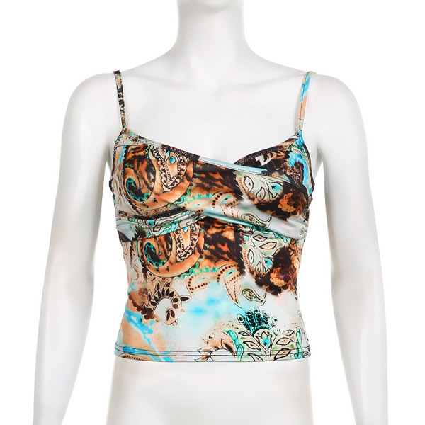 Abstract printed pleated sexy V-neck backless thin outerwear strap vest