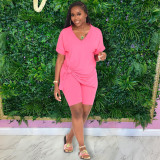 Women's solid color loose and simple casual short sleeved two-piece set