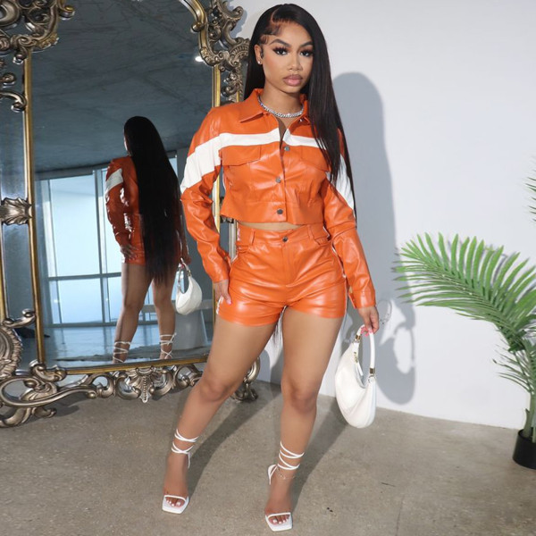 Leather contrasting buckle lapel workwear two-piece set