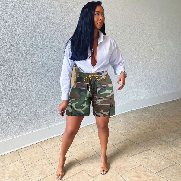 Camouflage denim multi pocket cargo pants casual pants