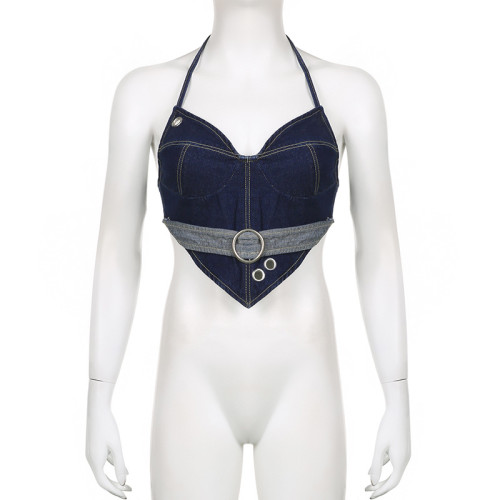 Deep V-neck chest shaped circular stitching, sexy and pure sensual open back lace up denim tank top