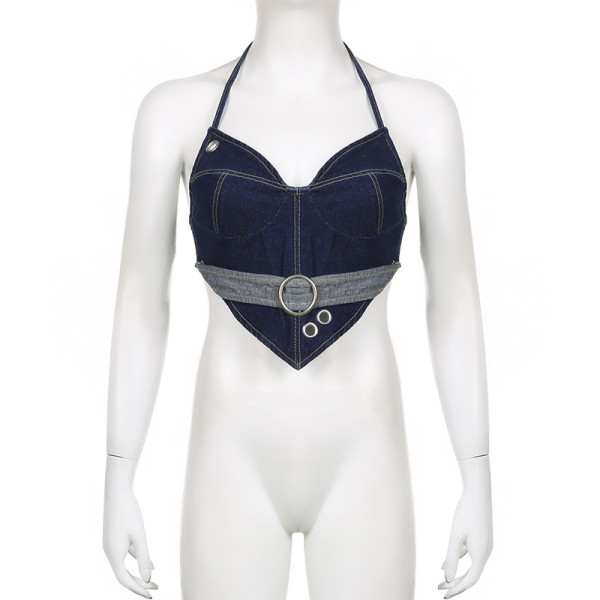 Deep V-neck chest shaped circular stitching, sexy and pure sensual open back lace up denim tank top
