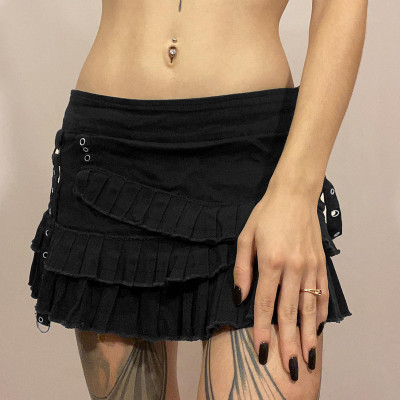 Asymmetric pleated stitching high waisted A-line denim skirt short style
