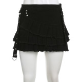 Asymmetric pleated stitching high waisted A-line denim skirt short style