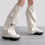 Solid color PU pocket with adjustable elastic micro flared casual leggings