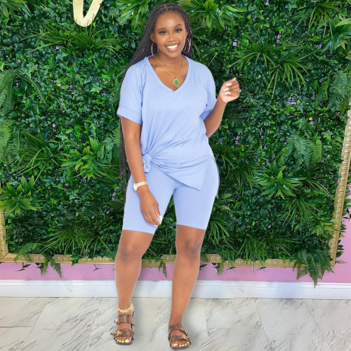 Women's solid color loose and simple casual short sleeved two-piece set