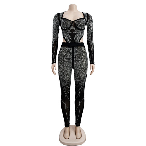Fashion women's solid color mesh hot diamond long sleeved pants jumpsuit