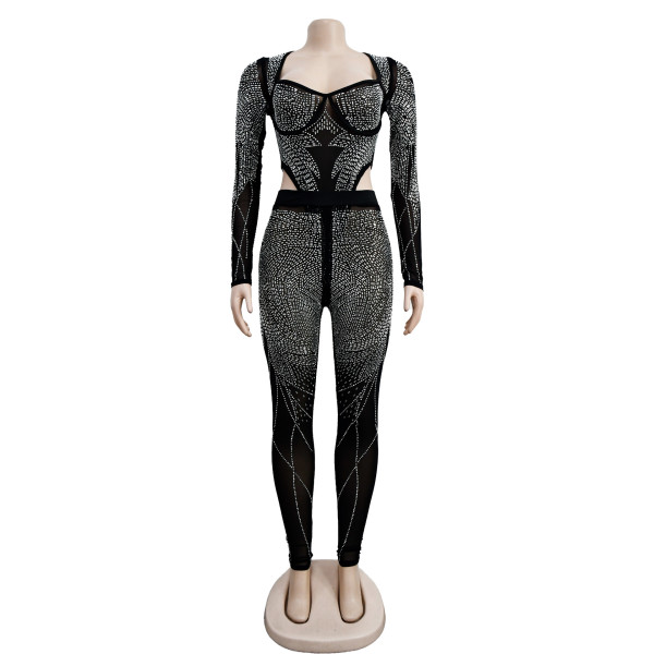 Fashion women's solid color mesh hot diamond long sleeved pants jumpsuit