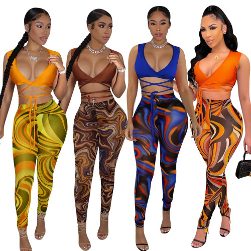 Women's Fashion Mesh Pants Printed Strap Set
