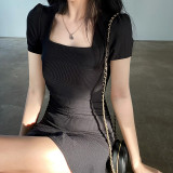 Square neck, simple and fashionable small black dress, short sleeved pleated waist wrap, buttocks, one piece, short
