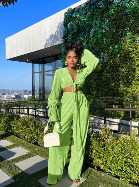 Women's pleated and banded wide leg pants set